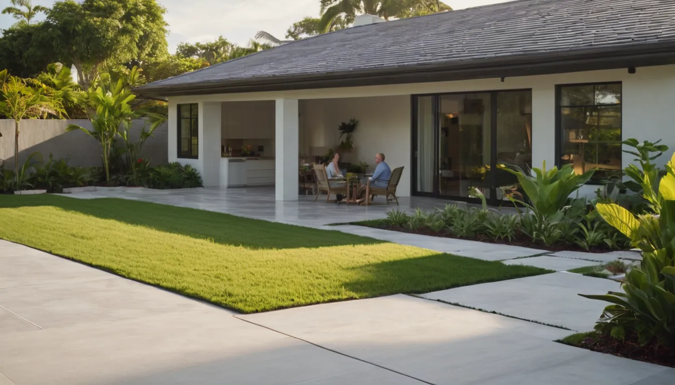 Newly poured broom-finish concrete patio beside a block home in Apopka